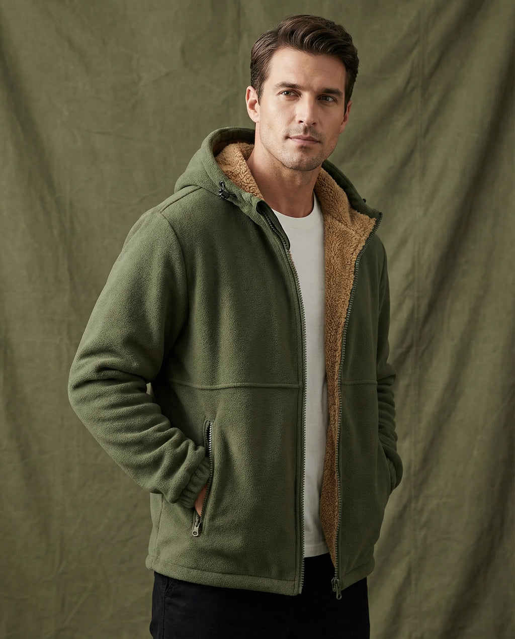 Men's Sherpa-Lined Fleece Zip Hoodie – Detail View