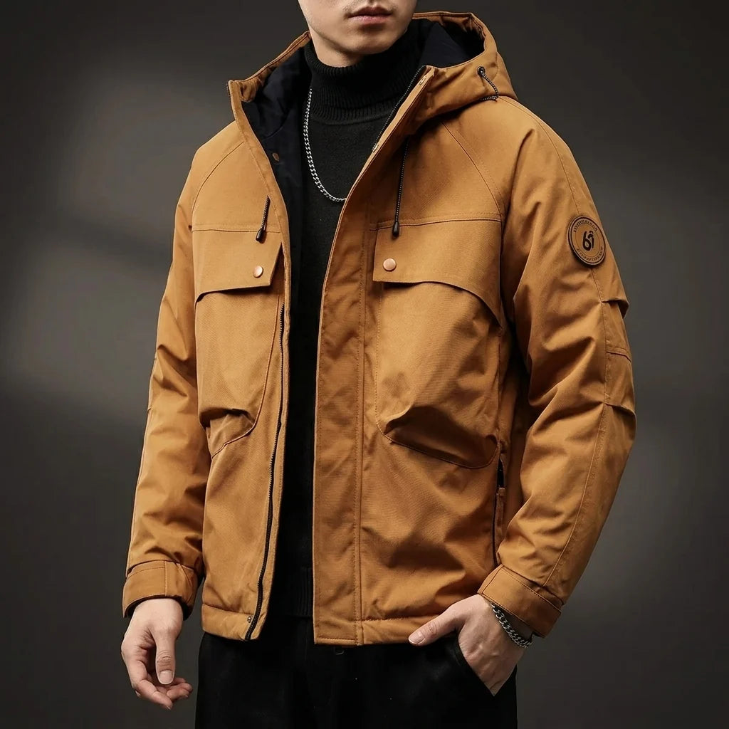Men's hooded cotton field jacket in beige with cargo pockets
