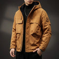 Men's hooded cotton field jacket in beige with cargo pockets