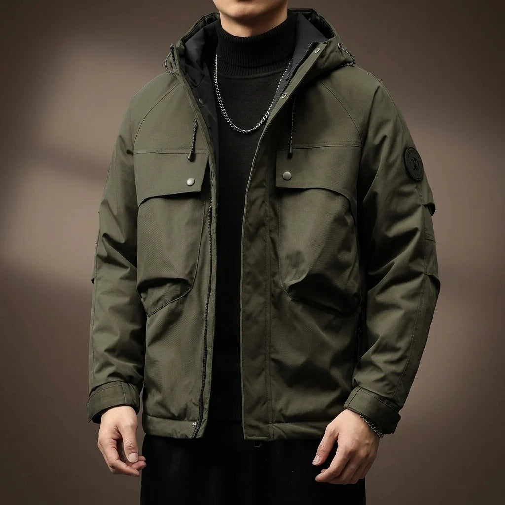 Men's hooded cotton field jacket in green with cargo pockets