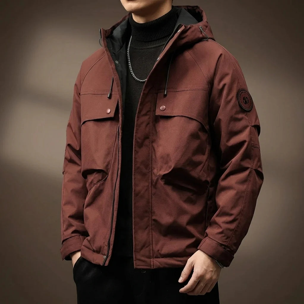 Men's hooded cotton field jacket in red with cargo pockets