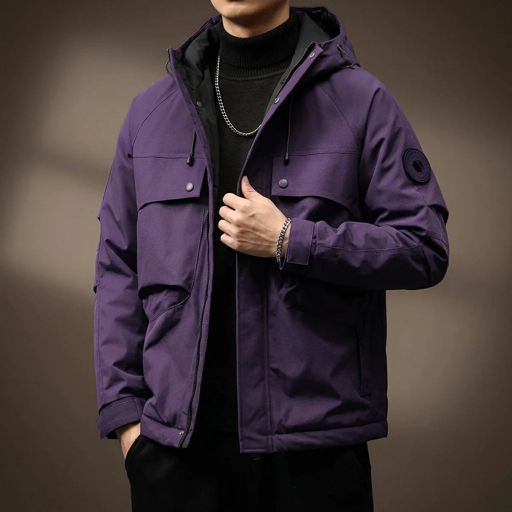 Close-up of the cargo flap pocket on the men's red field jacket