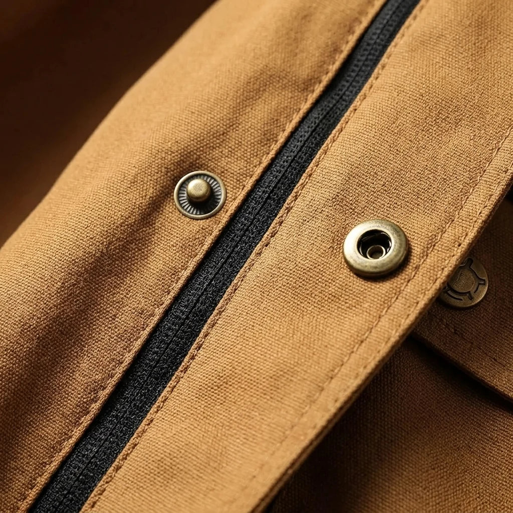 Close-up of the hood and storm placket on the men's field jacket