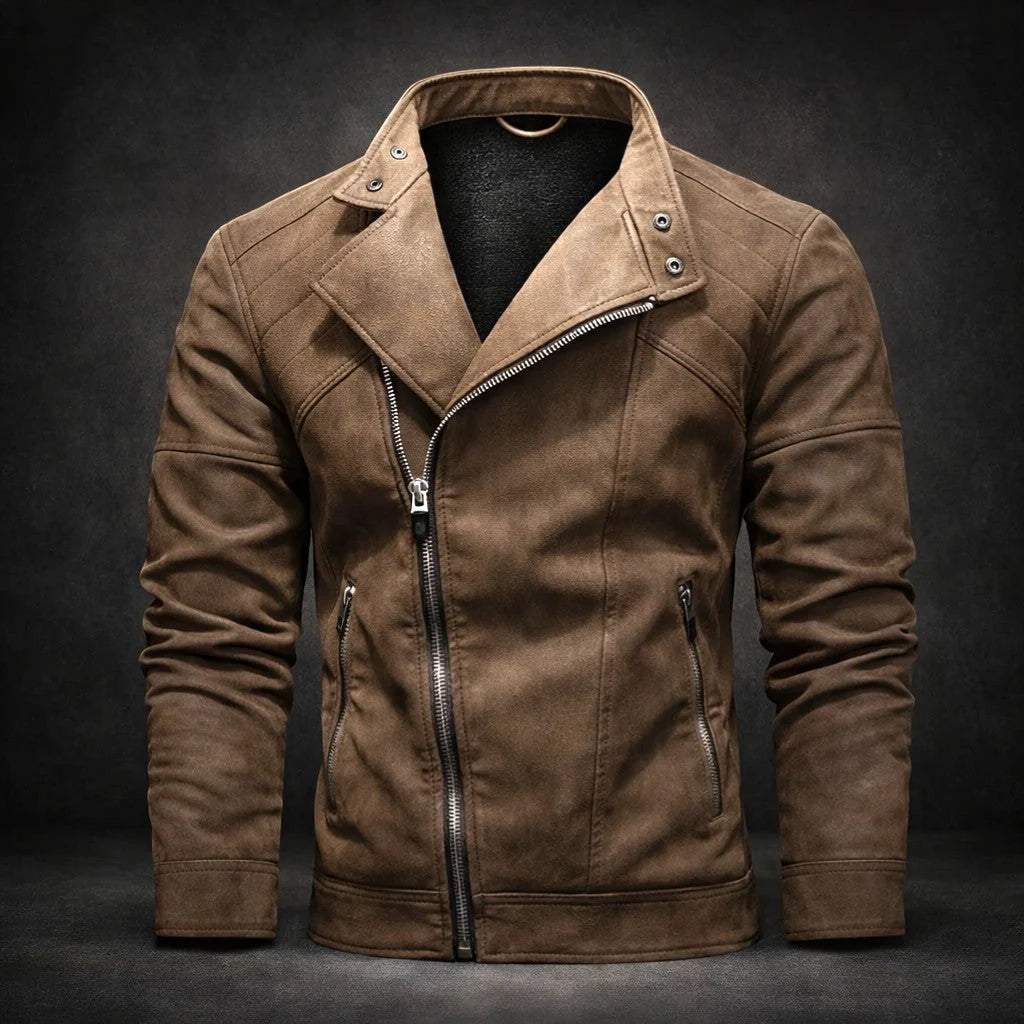 Men's brown biker jacket with asymmetric zip front