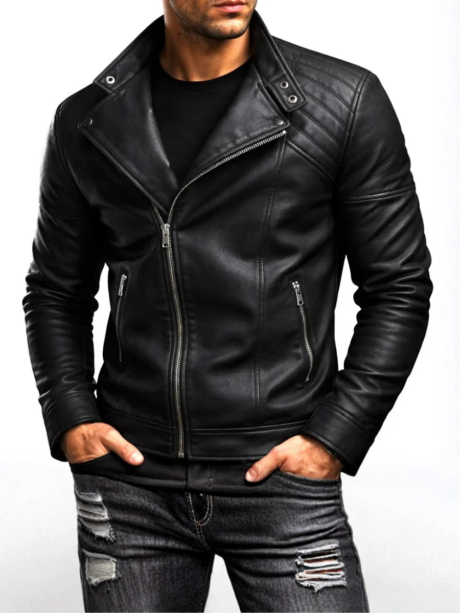 Men's black biker jacket with asymmetric zip front