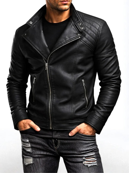 Men's black biker jacket with asymmetric zip front