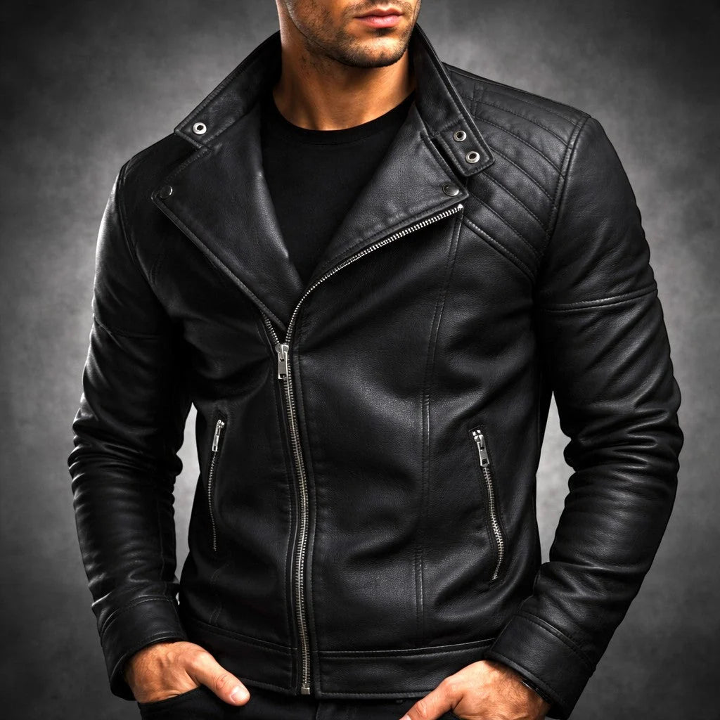 Men's biker jacket, zip pocket detail
