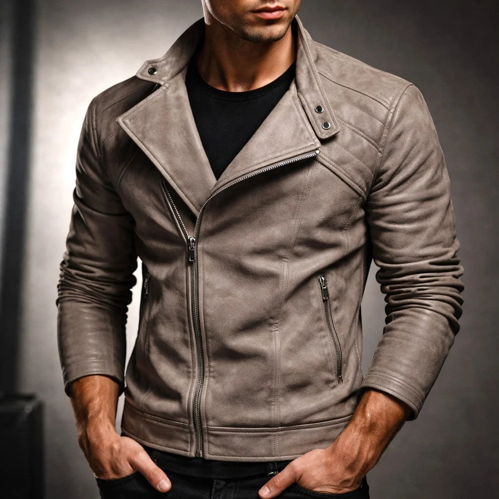 Men's biker jacket, back view
