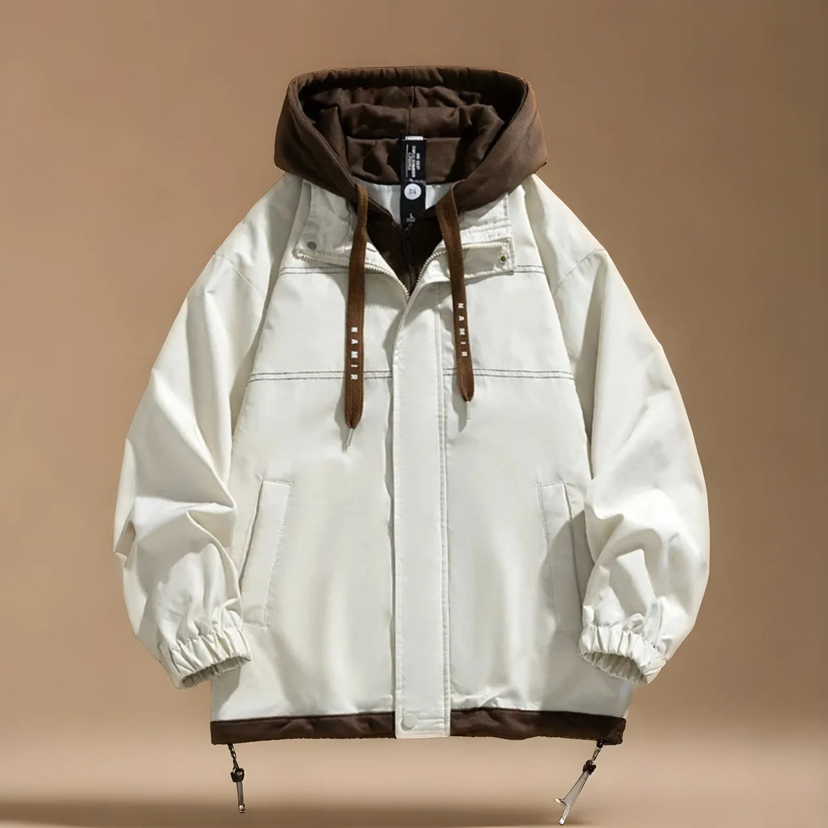 Close-up of the drawcord hood on the windbreaker jacket