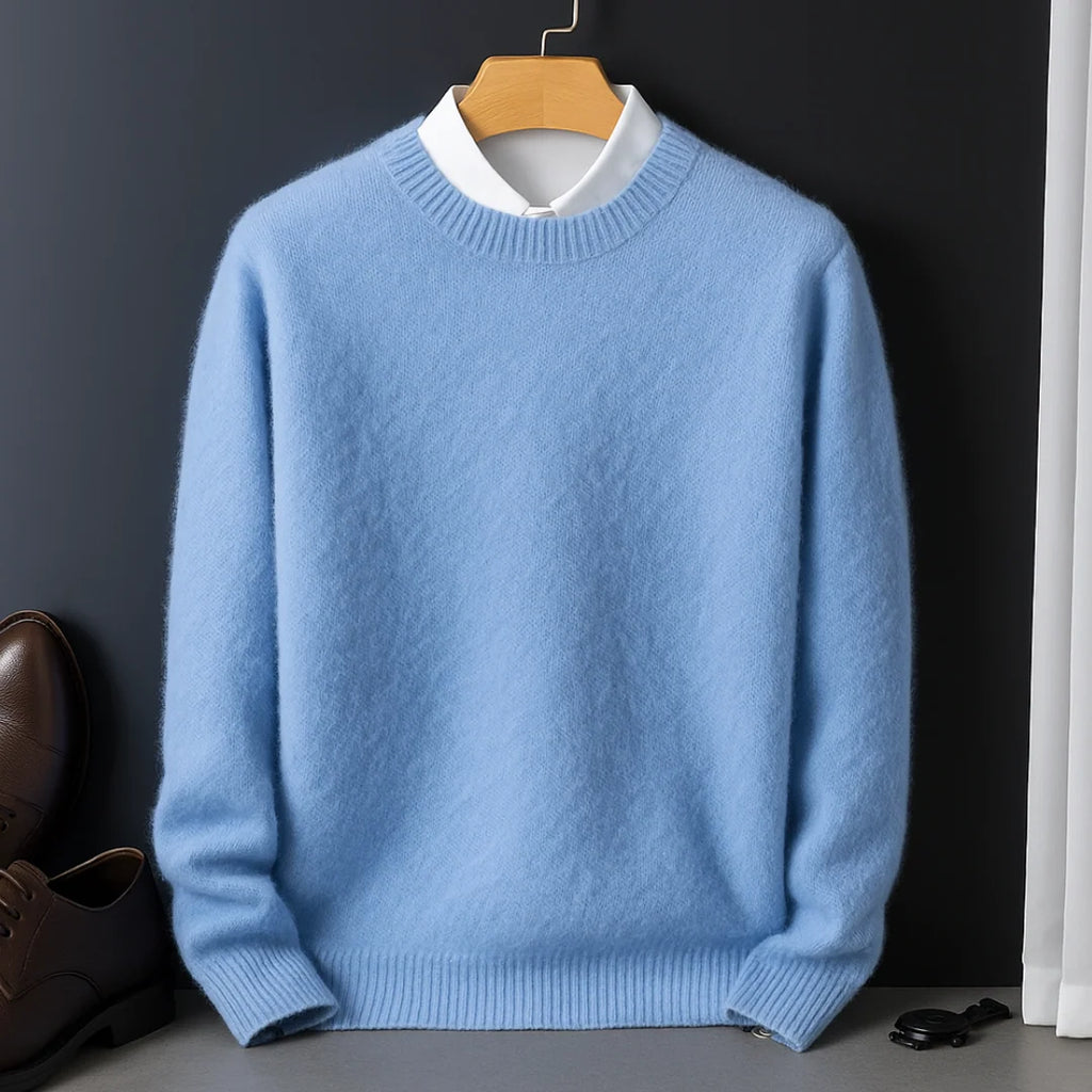 Men's sky blue crewneck cashmere sweater with ribbed trim