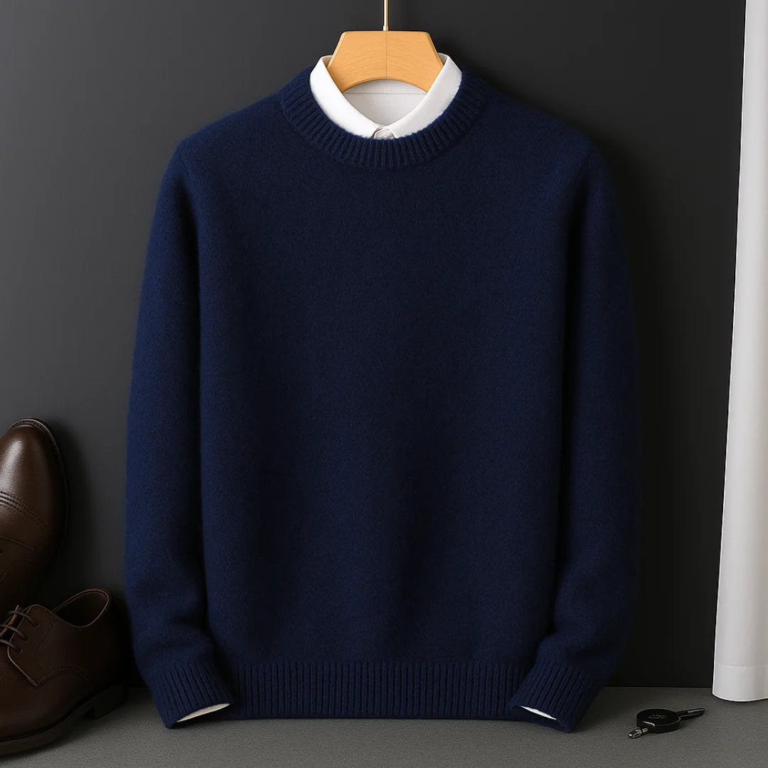 Men's black crewneck cashmere sweater with ribbed trim
