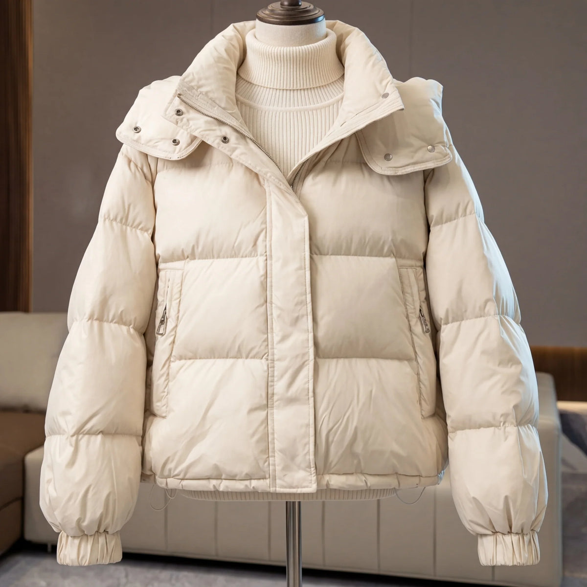 Women's Cropped Quilted Puffer Jacket in Cream