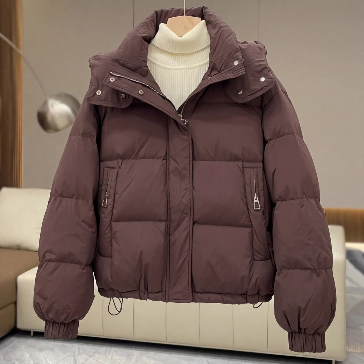 Women's Cropped Quilted Puffer Jacket in Brown
