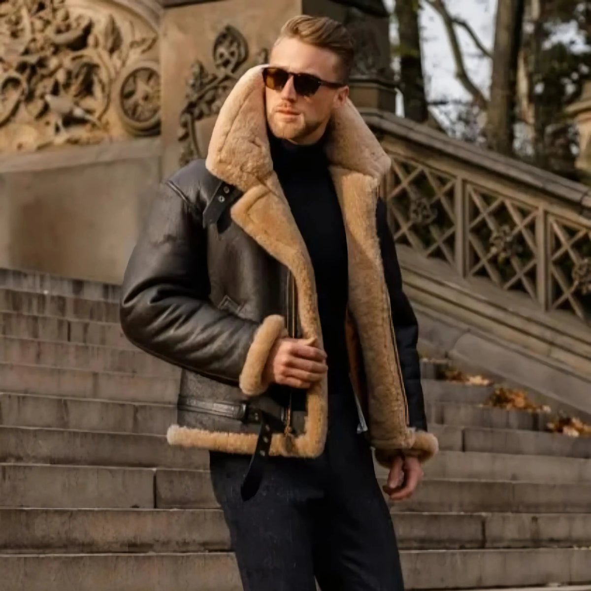 Men's Sherpa-Lined Aviator Jacket in Brown