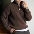 Men's brown ribbed quarter-zip pullover sweater