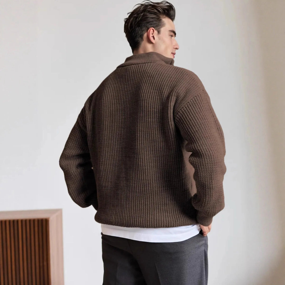 Men's black ribbed quarter-zip pullover sweater
