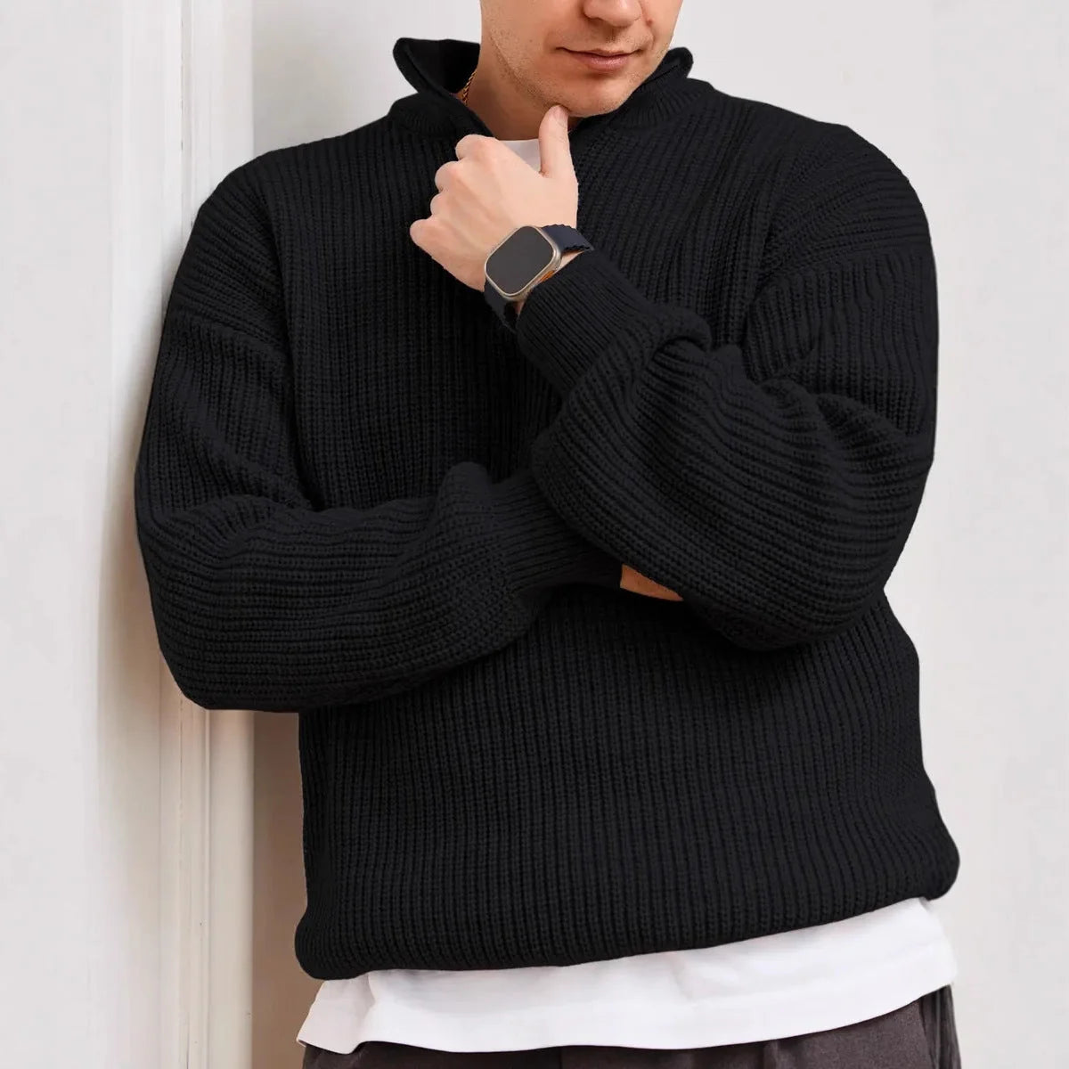 Men's beige ribbed quarter-zip pullover sweater