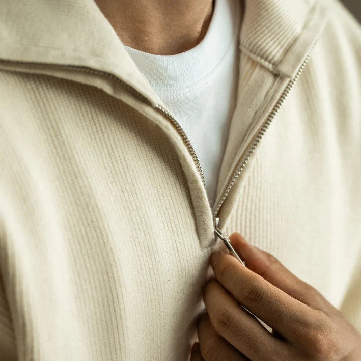 Men's ribbed quarter-zip pullover sweater, mock neck detail