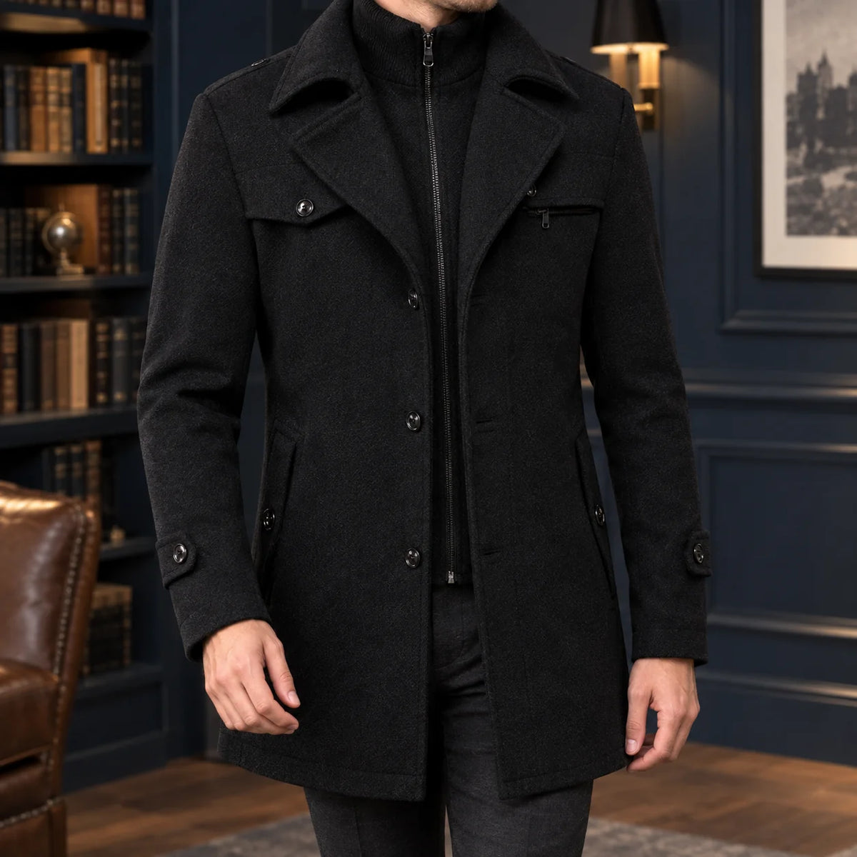 Men's Wool Overcoat in Black
