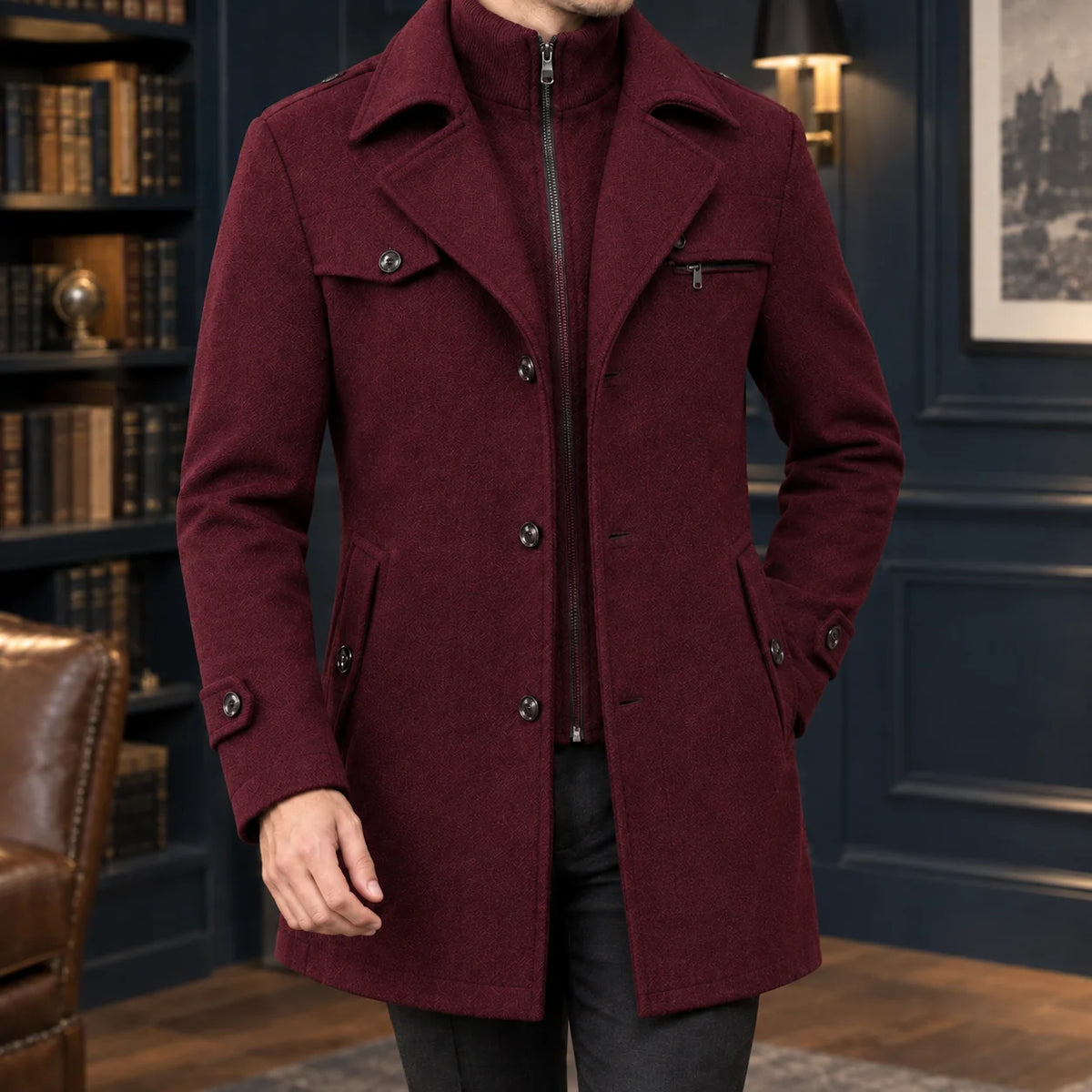 Men's Wool Overcoat in Wine Red