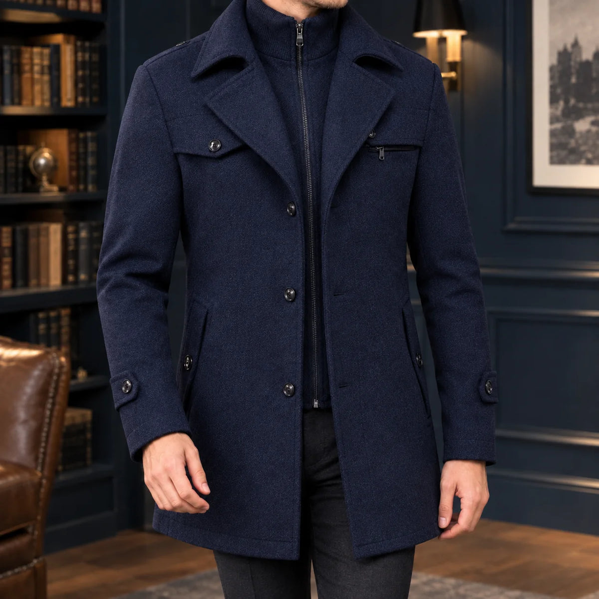Men's Wool Overcoat in Navy Blue