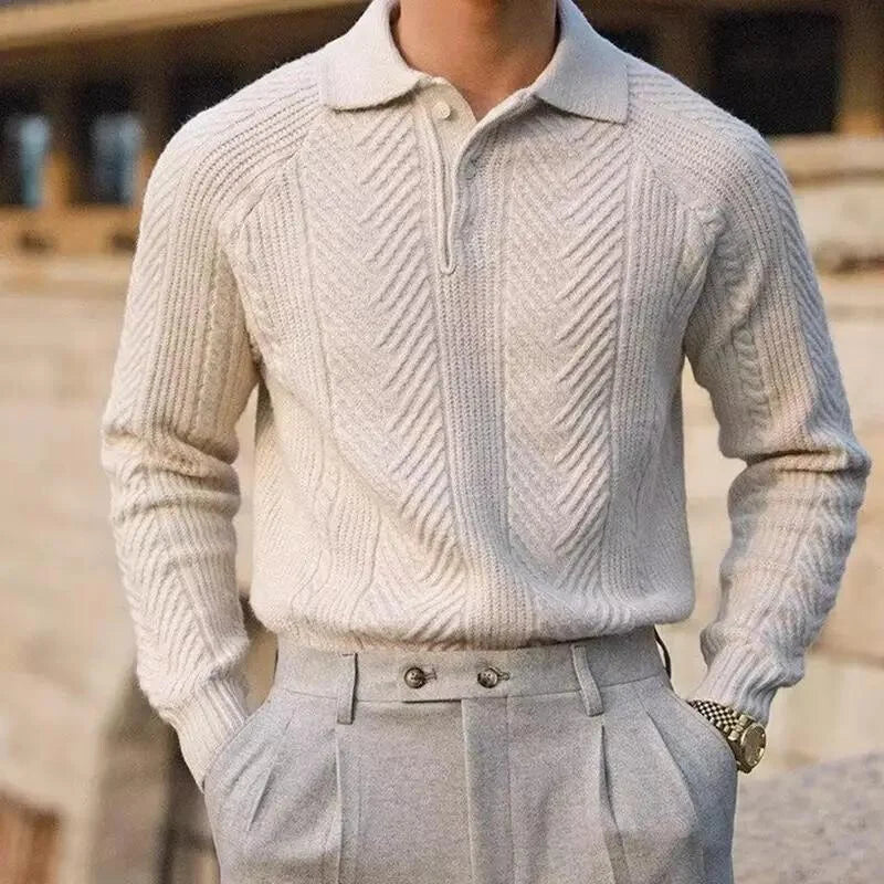 Men's Cable Knit Sweater Polo in Ivory Sand