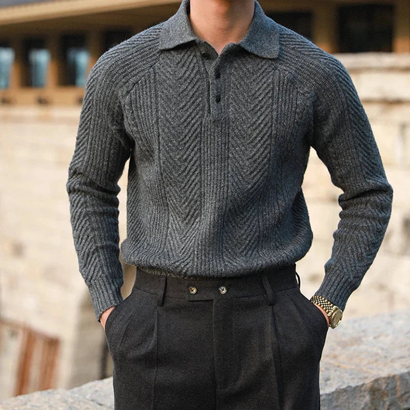 Men's Cable Knit Sweater Polo in Charcoal Slate