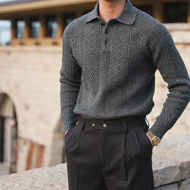 Men's Cable Knit Sweater Polo – Styled View