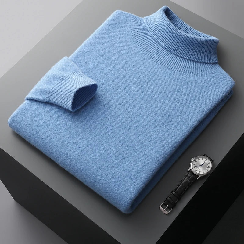 Soft-Touch Merino Wool Turtleneck Sweater in Blue