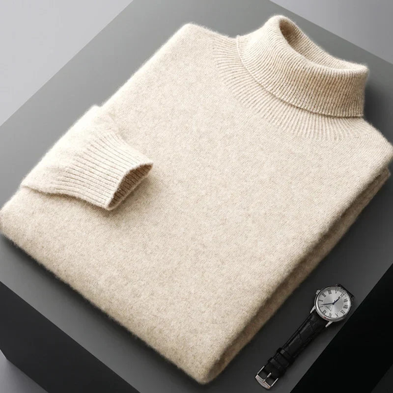 Soft-Touch Merino Wool Turtleneck Sweater in Camel