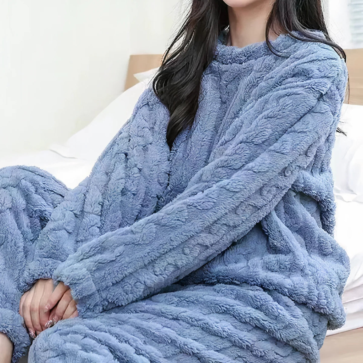 Women's blue fleece pajama set, long sleeve top and pants