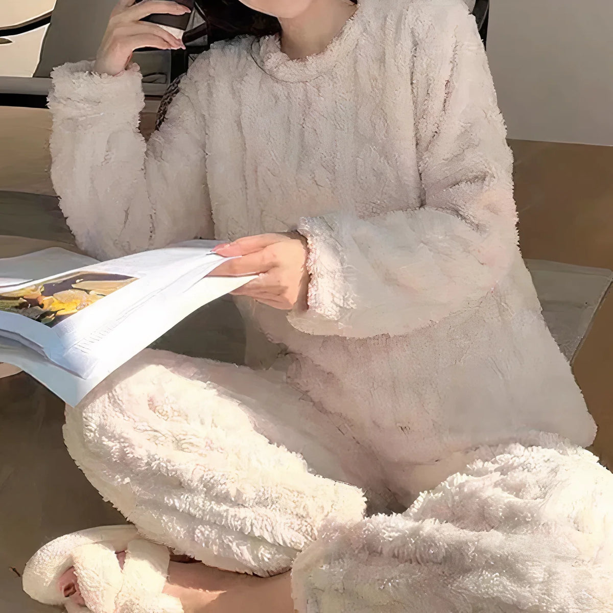 Women's white fleece pajama set, long sleeve top and pants