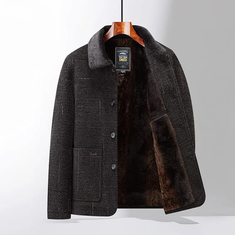 Men's dark brown wool jacket with shearling lining