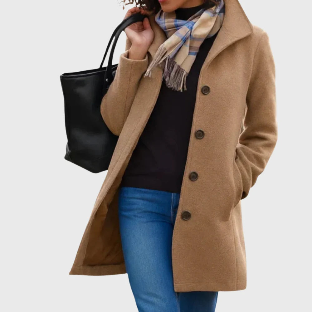 Women's Notch Collar Longline Coat in Khaki