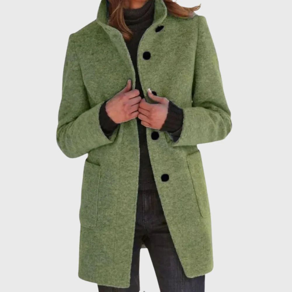 Women's longline coat in green with stand collar