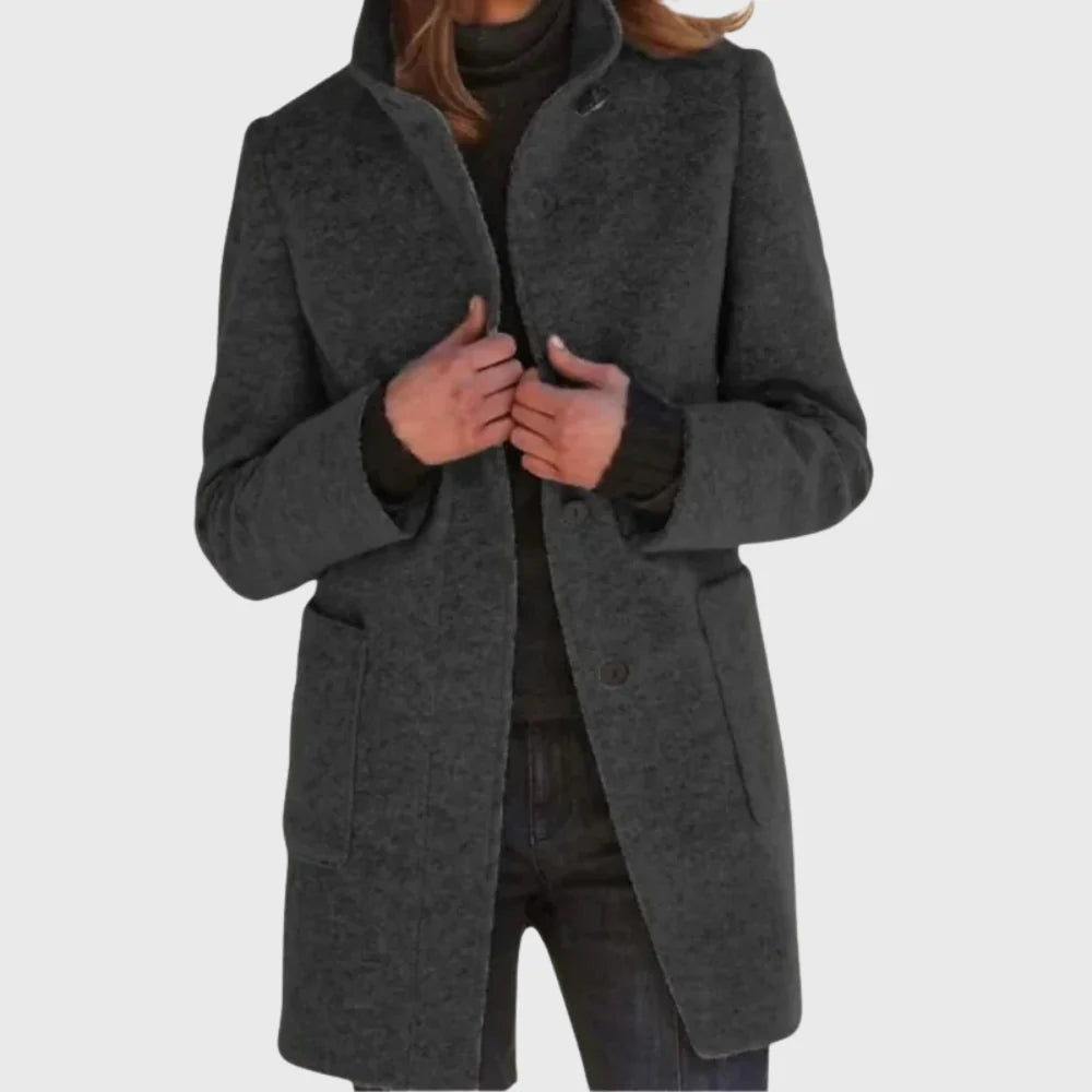 Women's longline coat in black with stand collar