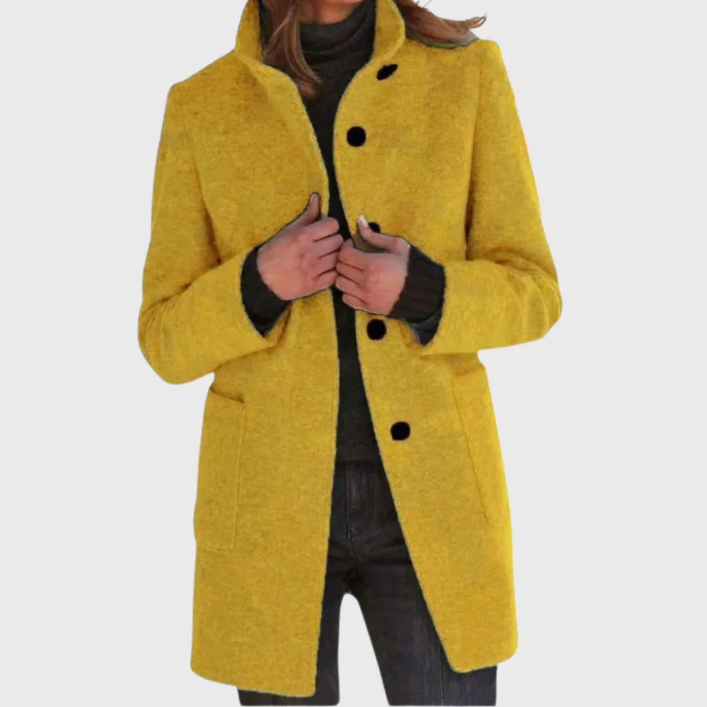 Women's longline coat in yellow with stand collar