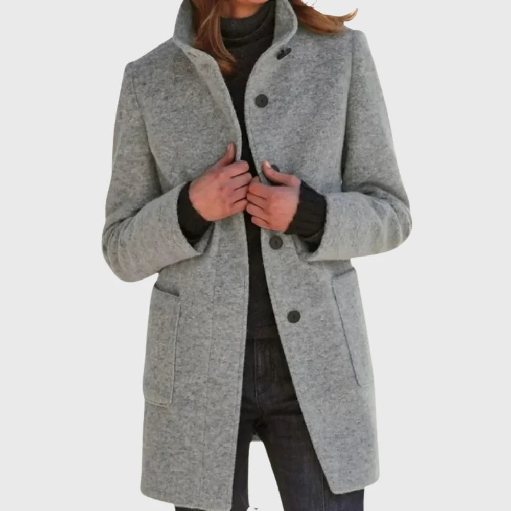 Women's longline coat in gray with stand collar