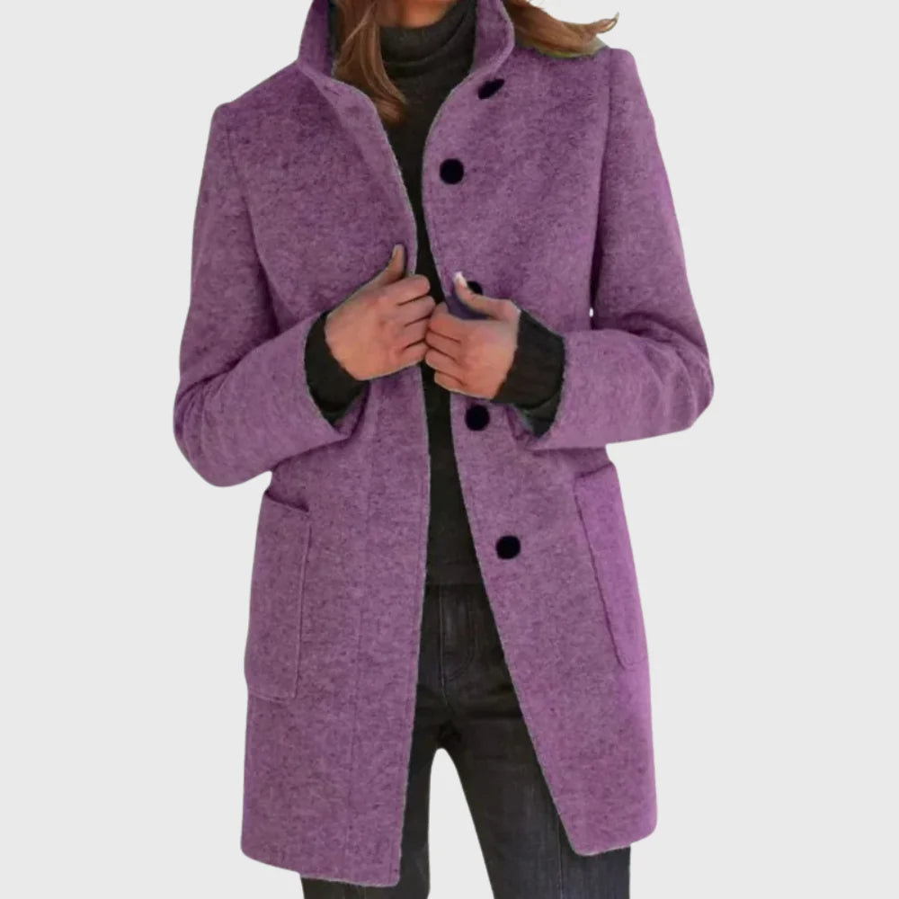 Women's longline coat in purple with stand collar