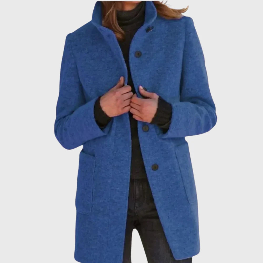 Women's longline coat in navy with stand collar