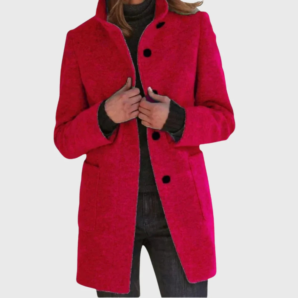 Women's longline coat in red with stand collar