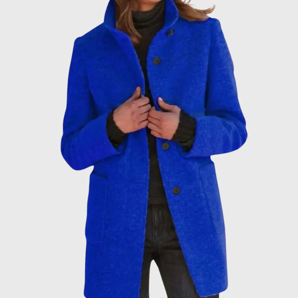 Women's longline coat in blue with stand collar