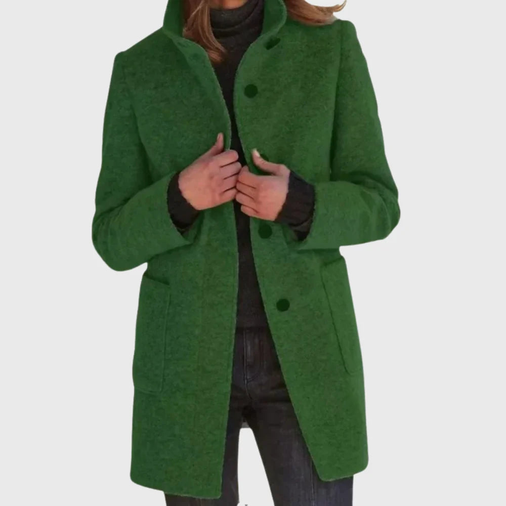 Women's longline coat in dark green with stand collar