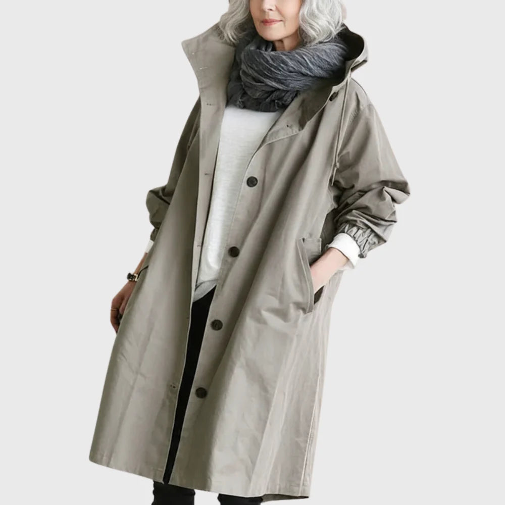 Women's hooded longline trench coat in light gray