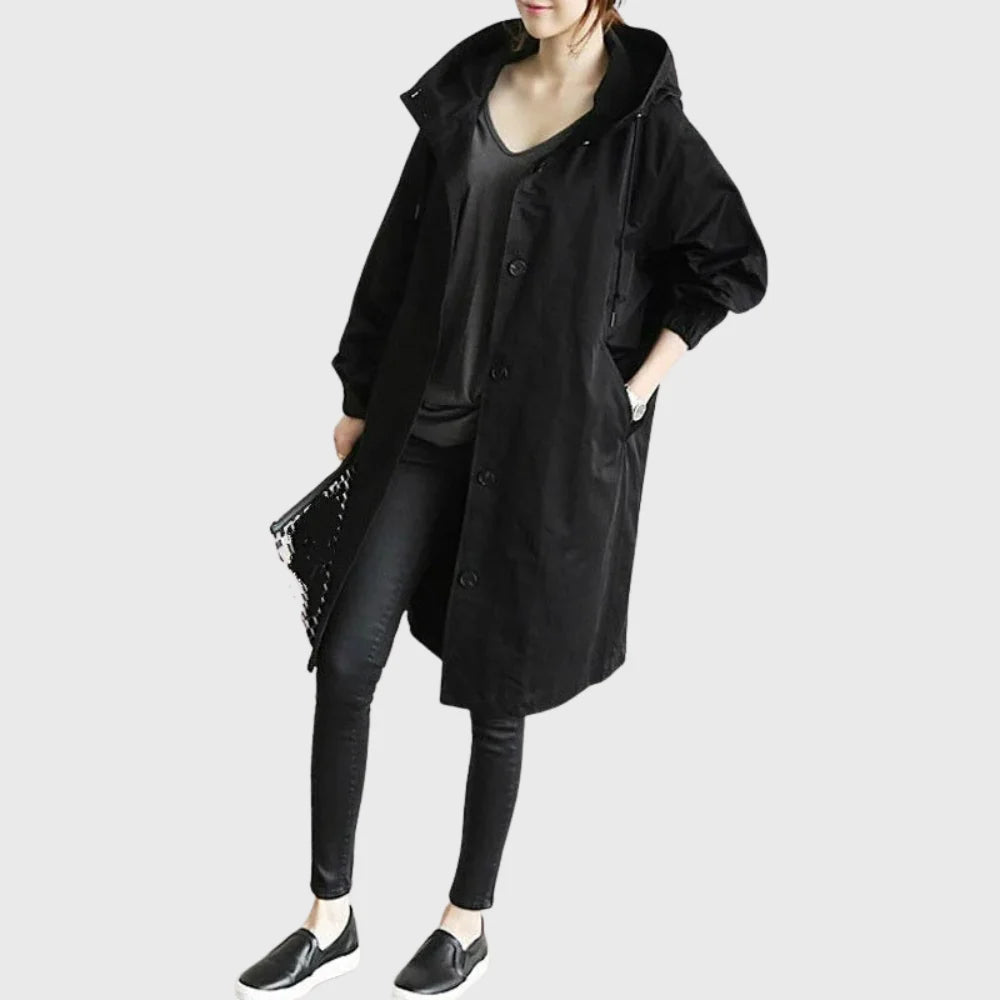 Women's hooded longline trench coat in black