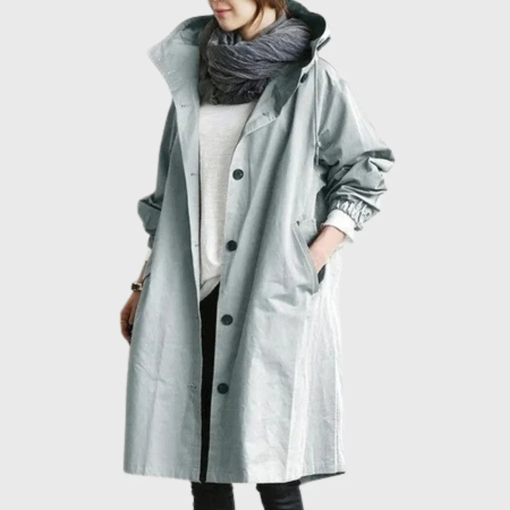 Women's hooded longline trench coat in light blue