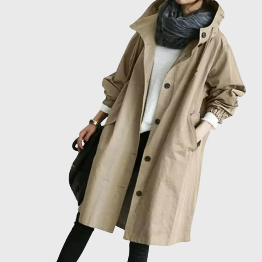 Women's hooded longline trench coat in light brown