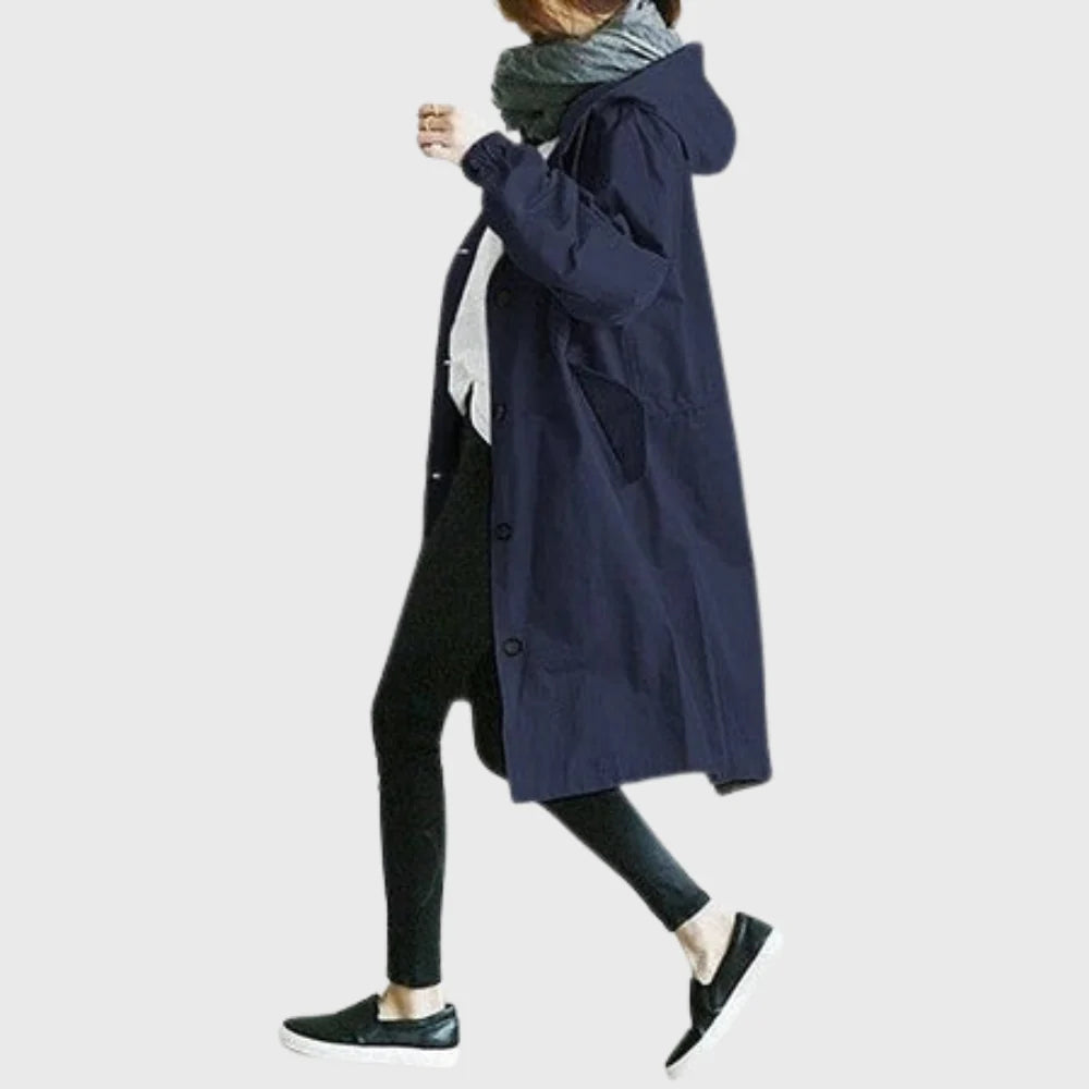 Women's hooded longline trench coat in navy