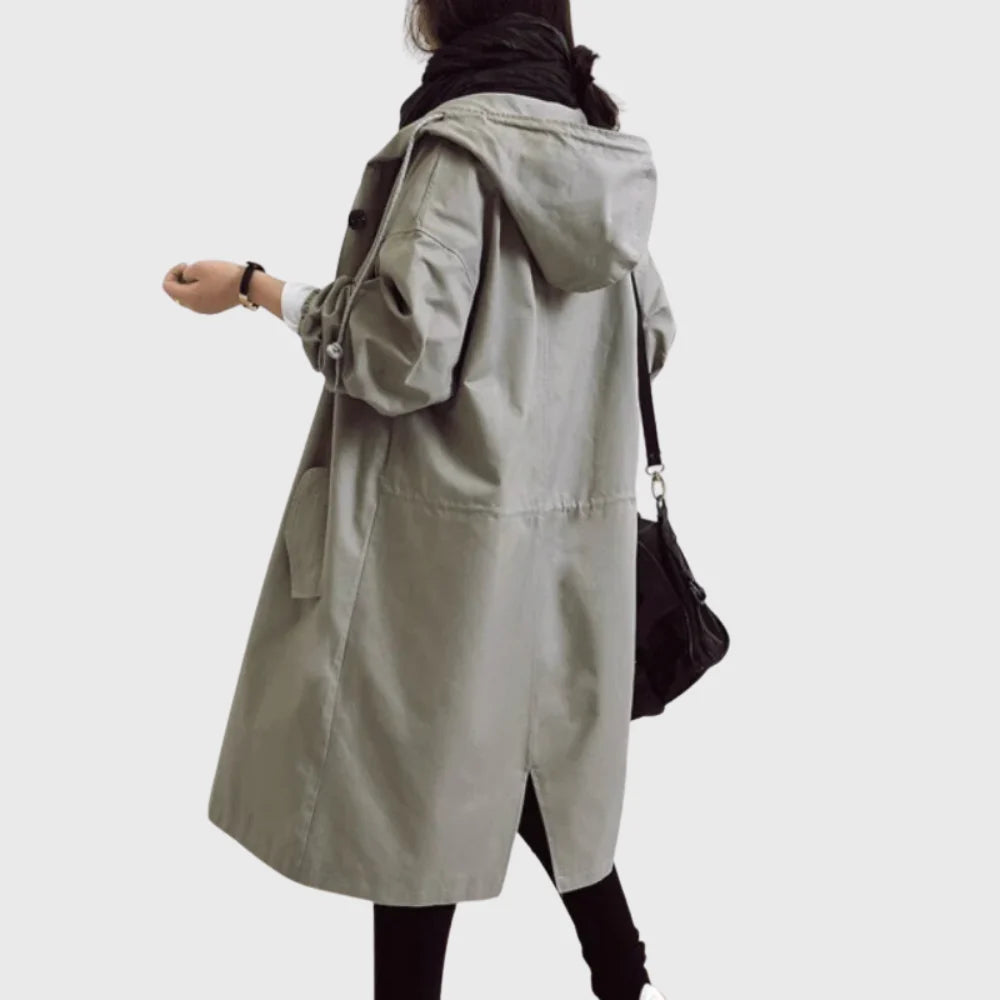 Close-up of the fixed hood on the women's trench coat