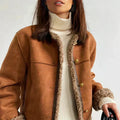 Women's faux suede jacket in brown with button front and fur trim